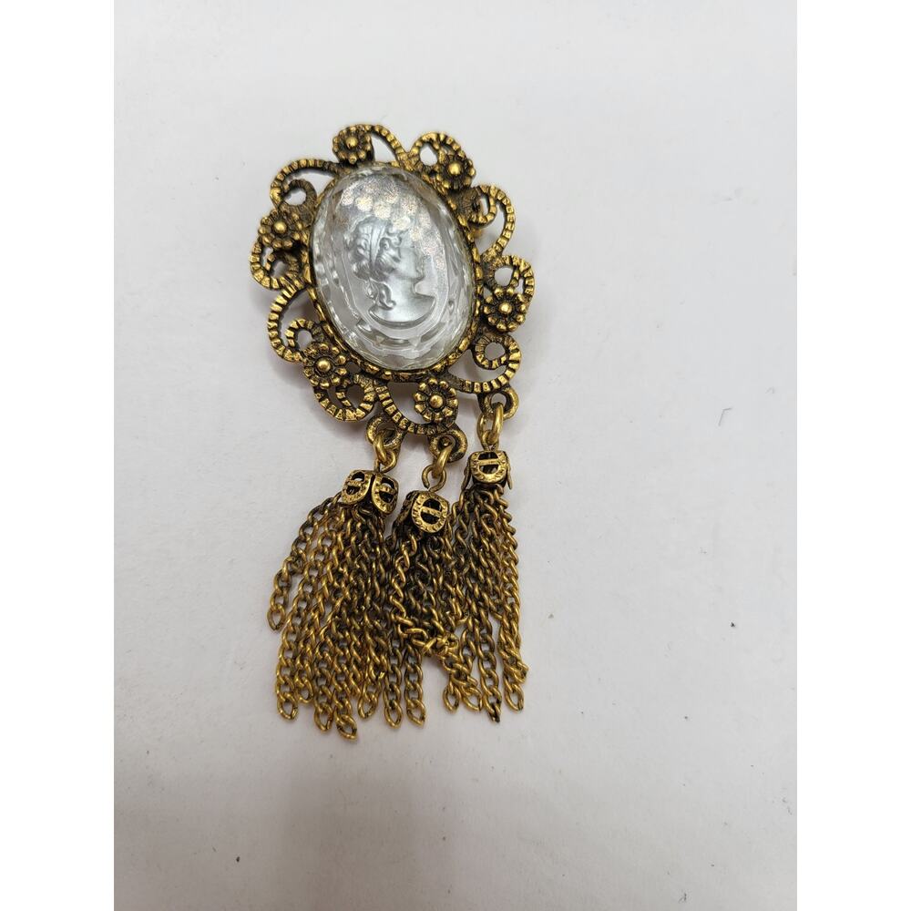 Vintage Cameo Glass Tassel Brooch Pendant Gold Tone Portrait Combo